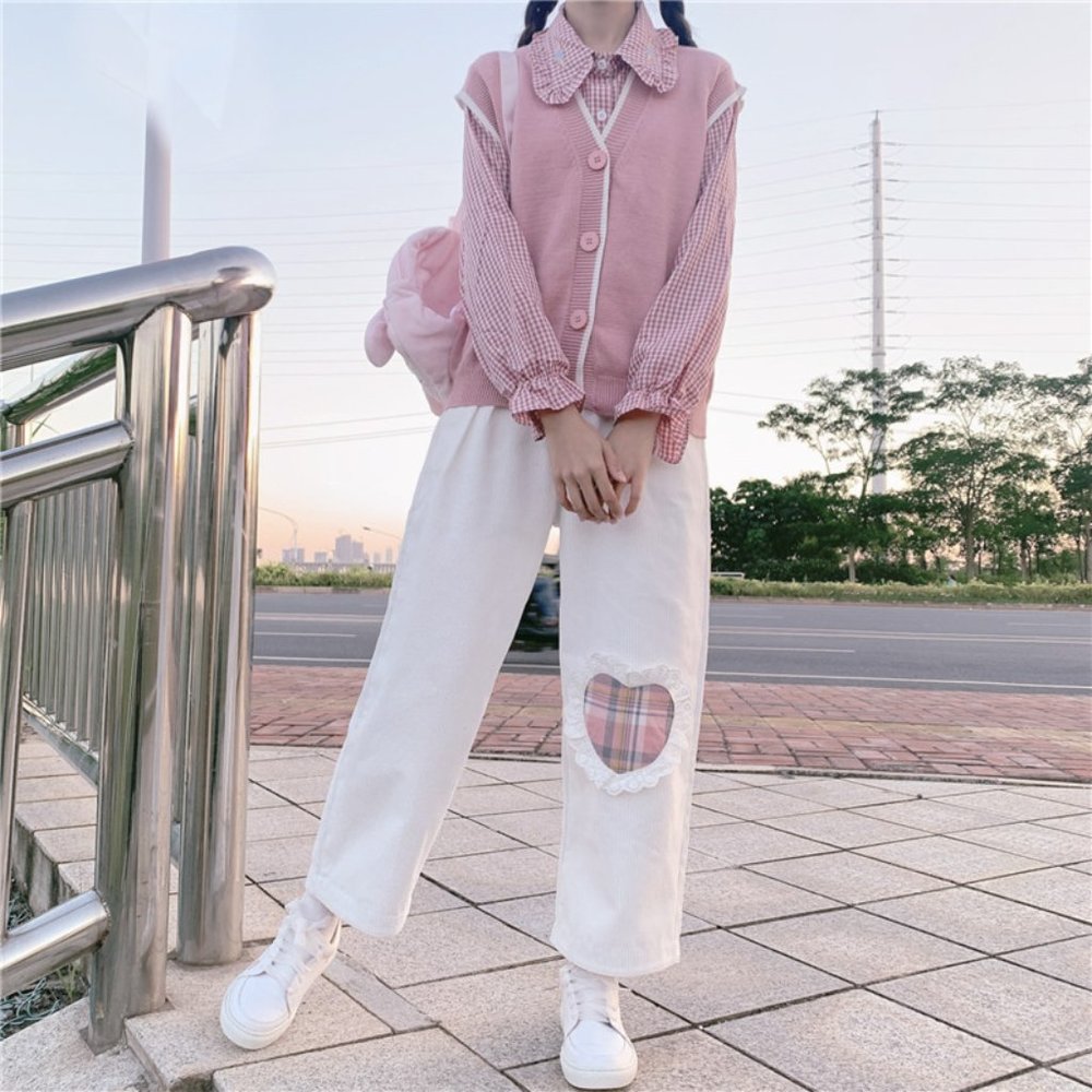 Teen Girls Love Heart Patch Loose Students Pants - Picture 5 of 7